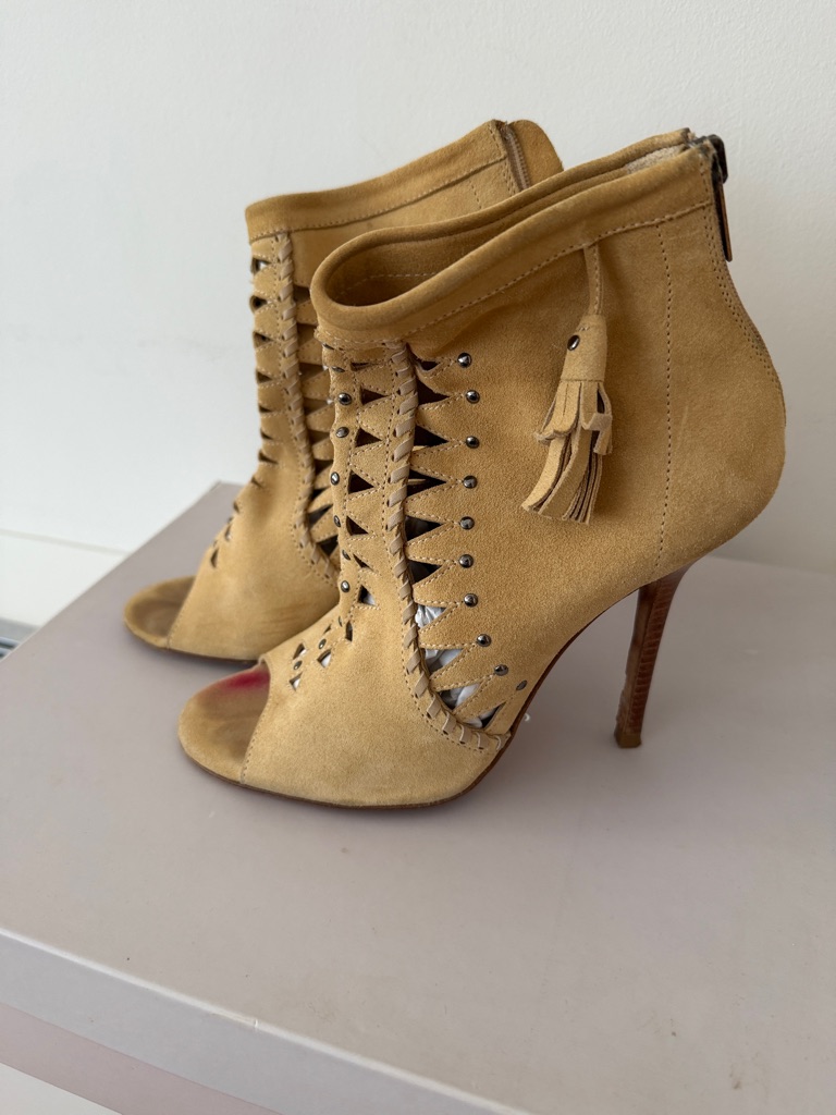 Jimmy Choo Tan Suede Peep-Toe Tassel Lace-Up Stiletto Booties